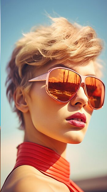 Woman wearing sunglasses short hair in swimming suit