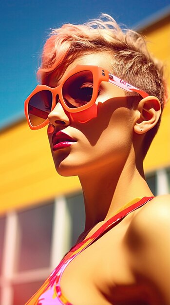 Woman wearing sunglasses short hair in swimming suit