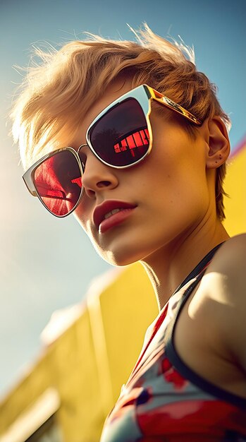 Woman wearing sunglasses short hair in swimming suit