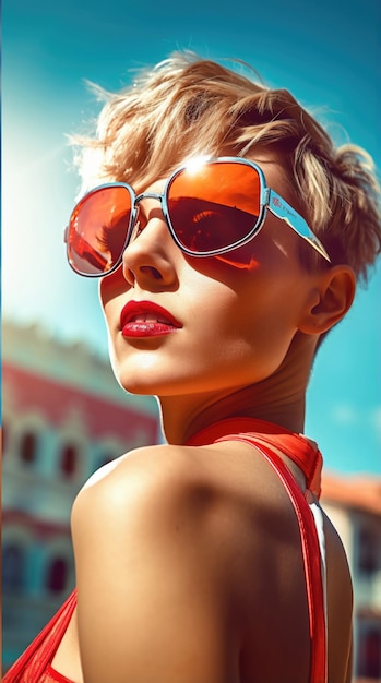 Photo woman wearing sunglasses short hair in swimming suit