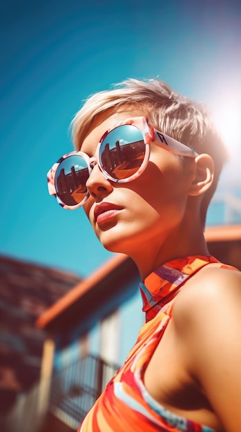 Woman wearing sunglasses short hair in swimming suit