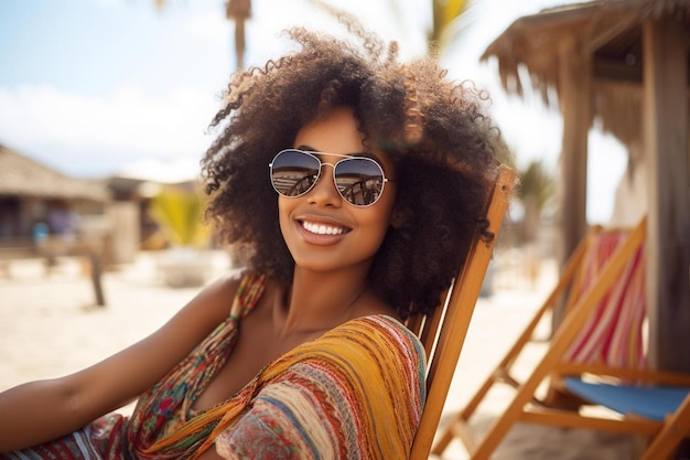 a woman wearing sunglasses sits in a deck chair