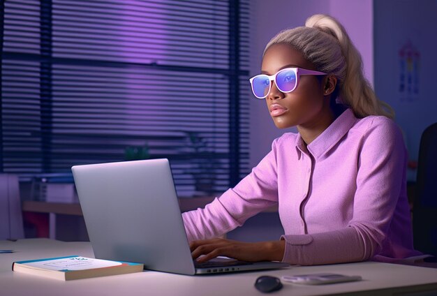 a woman wearing sunglasses sits at a desk with a laptop and a book