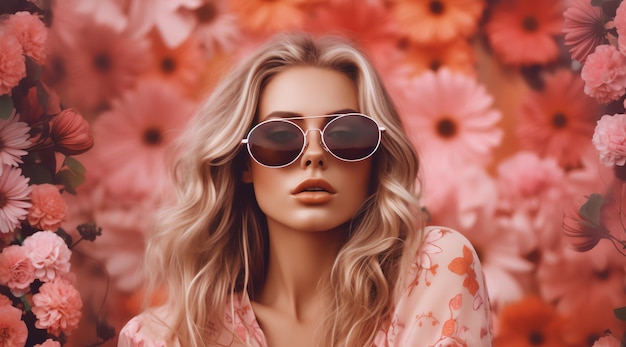 A woman wearing sunglasses sits in front of a pink background with pink flowers.