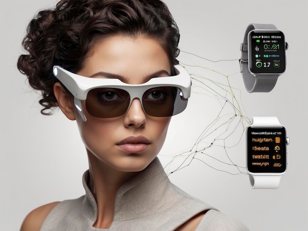 Photo a woman wearing sunglasses and a smart watch with a wire connected to her face