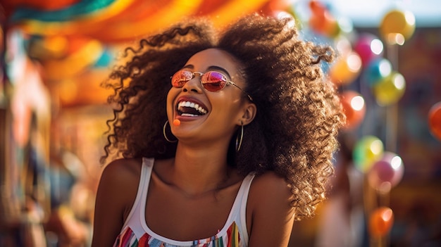 A woman wearing sunglasses smiles at a festival.