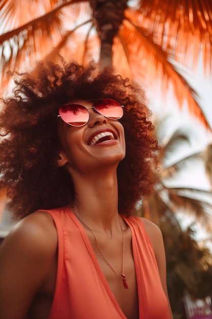 Женщина в солнечных очках улыбается и улыбается перед пальмой.