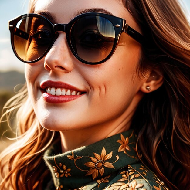 Foto donna che indossa occhiali da sole sorridente articolo di abbigliamento di moda