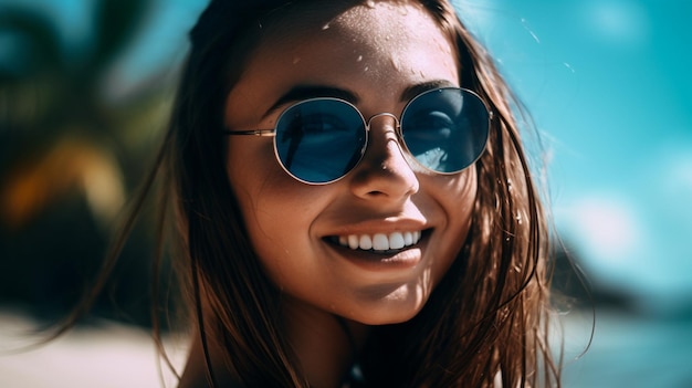 A woman wearing sunglasses and smiling at the camera.