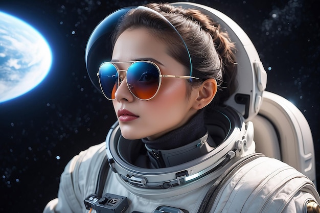 宇宙でサングラスをかぶった女性