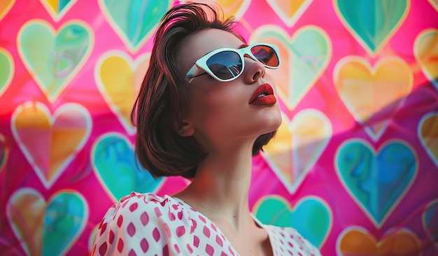 Woman wearing sunglasses standing in front of colorful wall