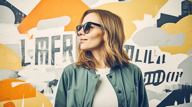 A woman wearing sunglasses standing in front of a graffiti wall ai