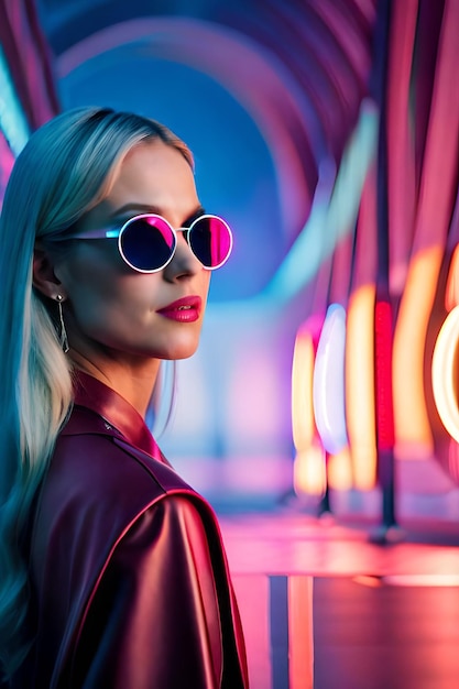 A woman wearing sunglasses stands in front of a neon light.