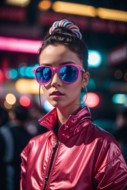 a woman wearing sunglasses stands in front of a neon sign.