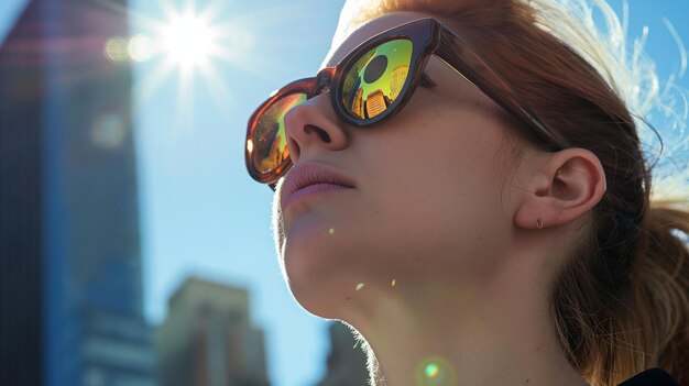 Photo a woman wearing sunglasses that has the sun shining on her face