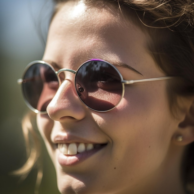 A woman wearing sunglasses that say's on the front.