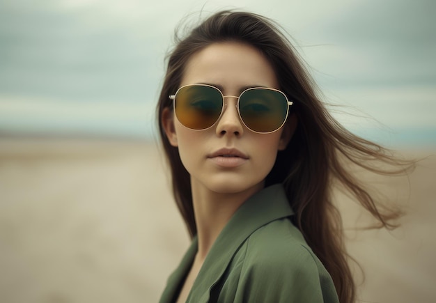 A woman wearing sunglasses that say's on the top of the image