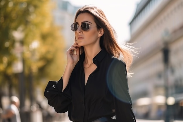 A woman wearing sunglasses walks down a street, wearing a black shirt and black pants.