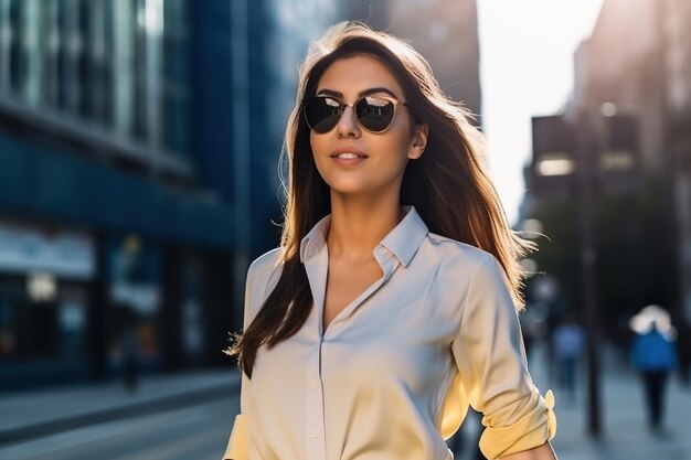 A woman wearing sunglasses walks down a street