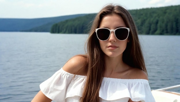 a woman wearing sunglasses and a white dress is posing for a photo