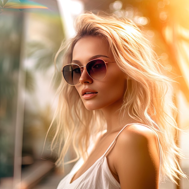 a woman wearing sunglasses and a white dress is standing outside.