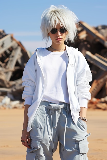 a woman wearing sunglasses and a white jacket