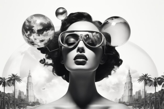 Photo a woman wearing sunglasses with a city in the background digital black white surreal image