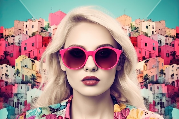 A woman wearing sunglasses with pink rims and a colorful background.