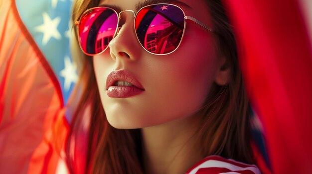 a woman wearing sunglasses with a red frame and a reflection of a building in the background