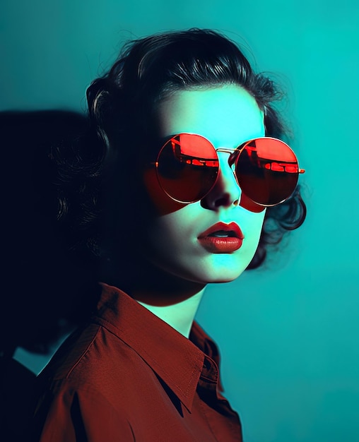 a woman wearing sunglasses with red lips and a red shirt.