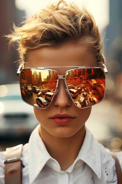 a woman wearing sunglasses with a reflection of a city in the sunglasses