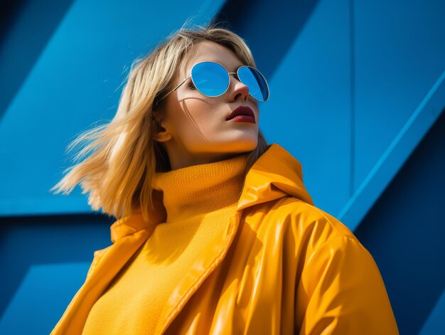 женщина в солнечных очках и желтом пальто перед синей стеной