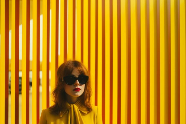 A woman wearing sunglasses and a yellow dress standing in front of a striped wall