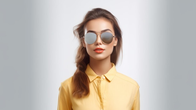 A woman wearing sunglasses and a yellow shirt