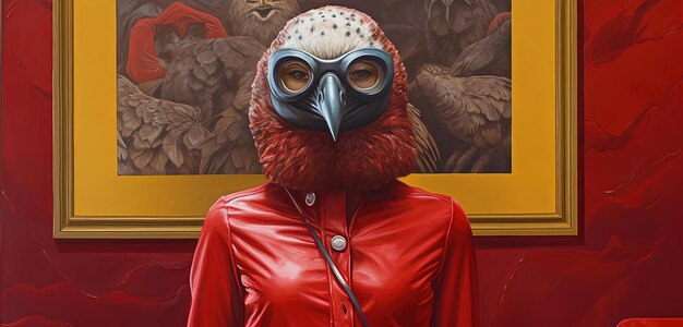 woman wearing a superhero mask standing in front of a red background