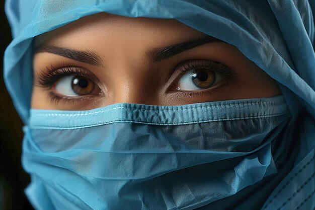 A woman wearing a surgical mask and blue scrubs