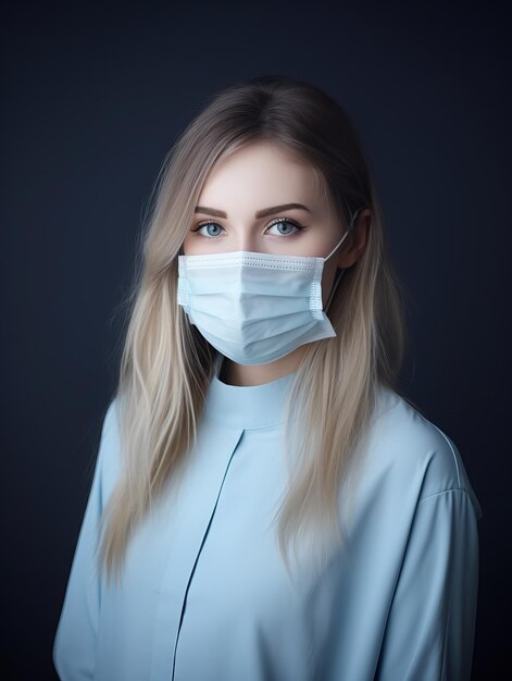 A woman wearing a surgical mask on a dark background