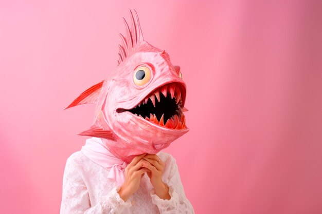 写真 ピンクの背景に超現実的な奇妙な魚のマスクを着た女性