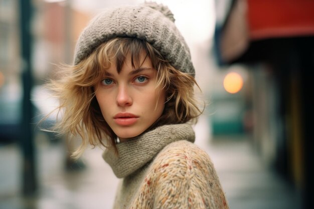 a woman wearing a sweater and hat on the street