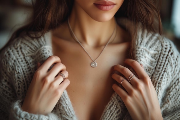 Woman Wearing Sweater and Holding Necklace
