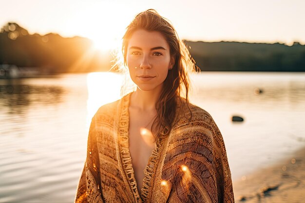 A woman wearing a sweater is standing in the water