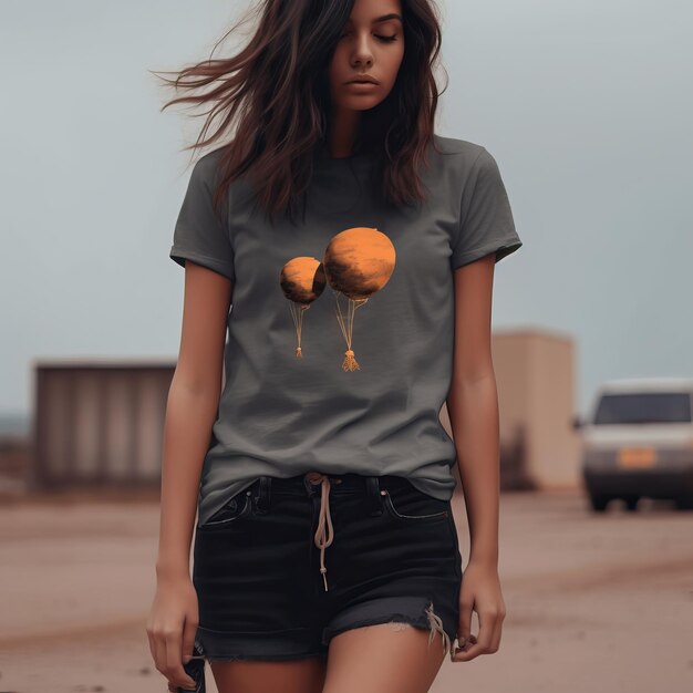 その上に太陽の絵を描いたTシャツを着た女性