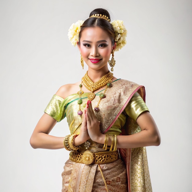 Photo a woman wearing thai clothing on a white background