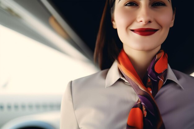 ネクタイを締めた女性が飛行機の前に立っています。
