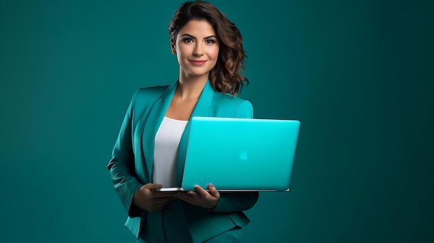 a woman wearing a Tosca suit and holding a laptopcreated with generative ai technology