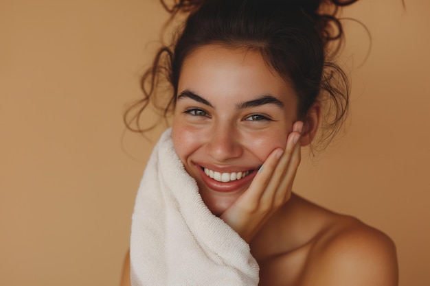 Photo woman wearing a towel around her neck after a shower