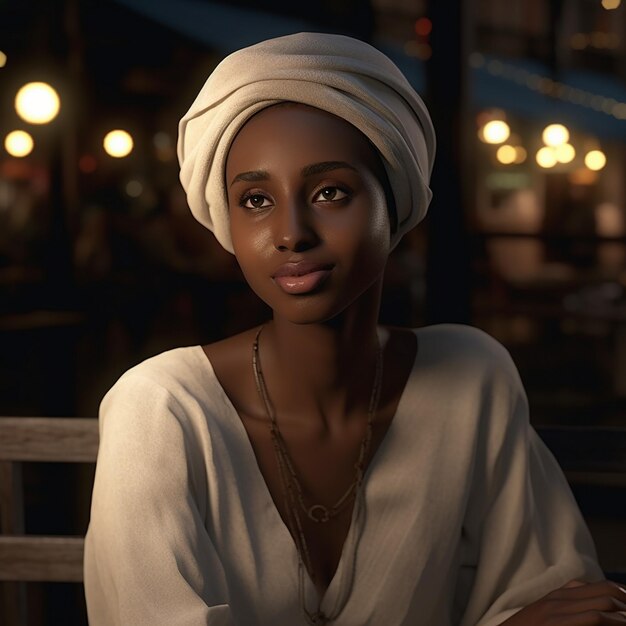 a woman wearing a turban is sitting on a bench.