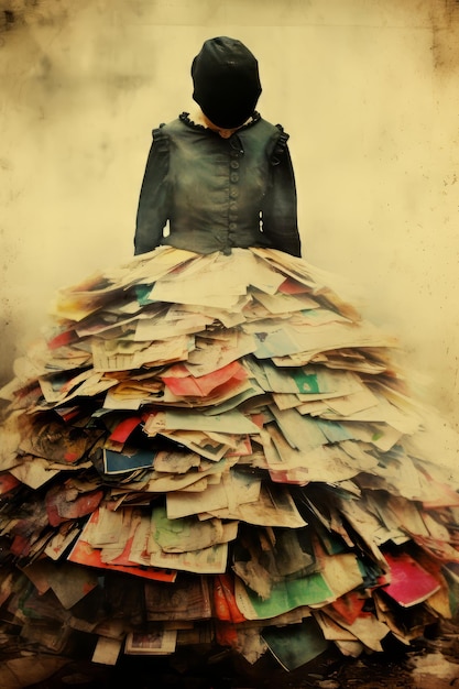 A woman wearing a unique dress made entirely of newspapers