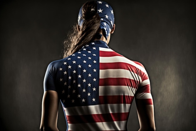 A woman wearing a usa flag jersey stands in front of a dark background.
