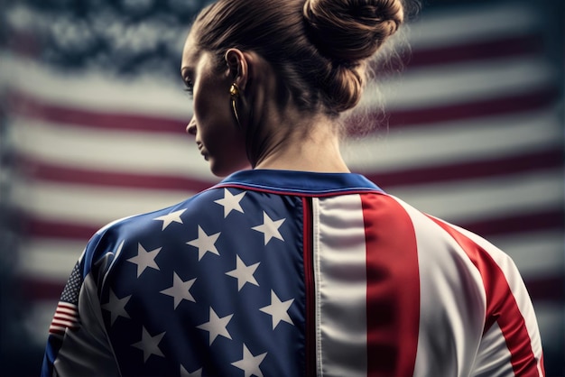 A woman wearing a usa flag jersey stands in front of a flag